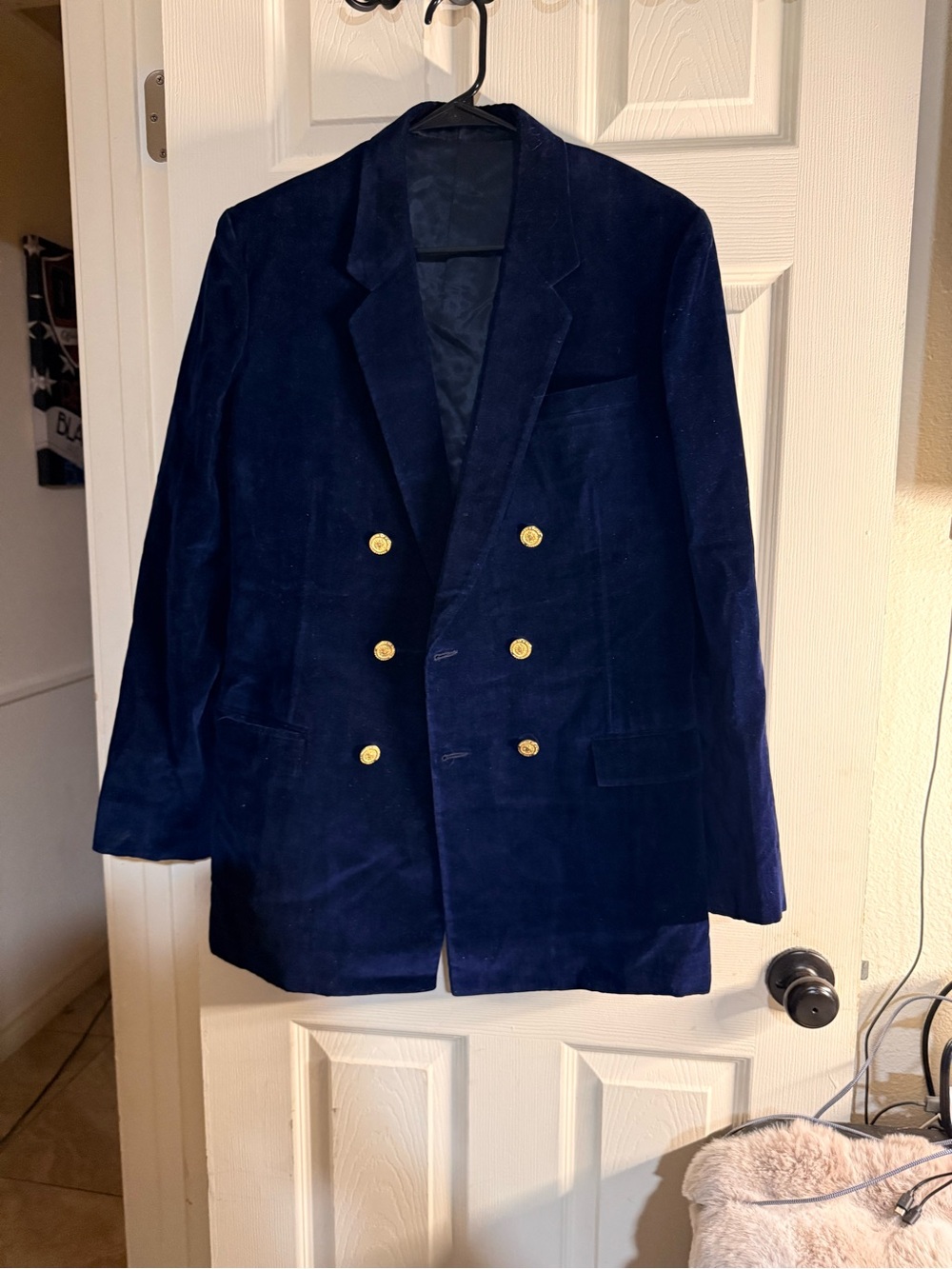 Vintage Lord West Navy Blue‎ Velvet Blazer Jacket Double Breasted Gold Button 40